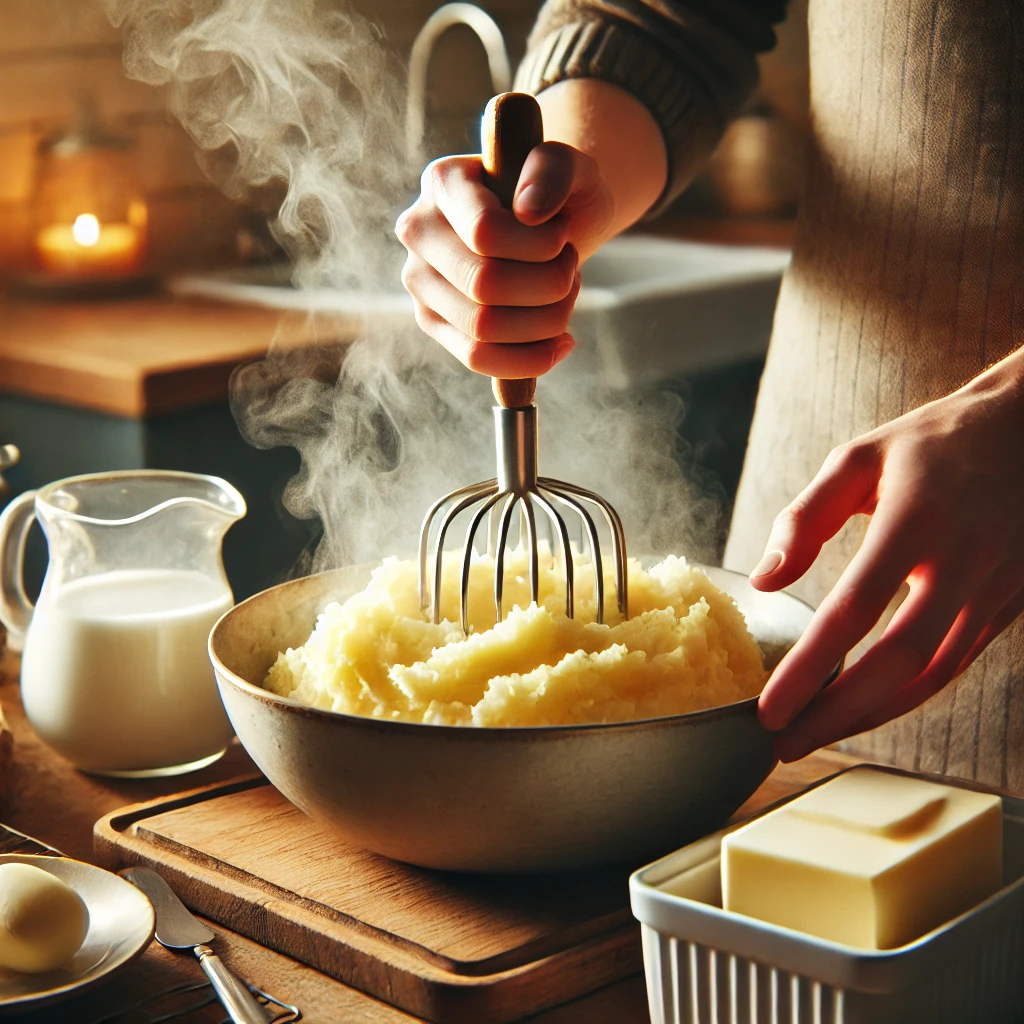 a person making mashed potatoes.